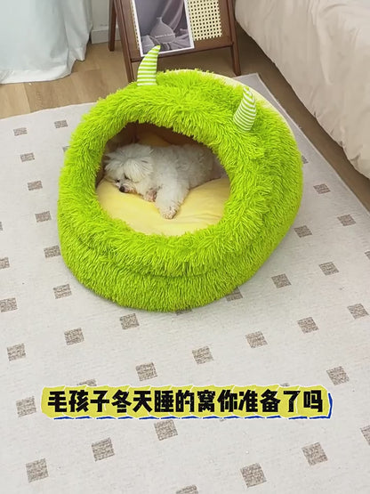 Cozy Pet Nest - Warm Semienclosed Plush Bed, S/M/L/XL/XXL with Detachable Mat for Cats & Dogs