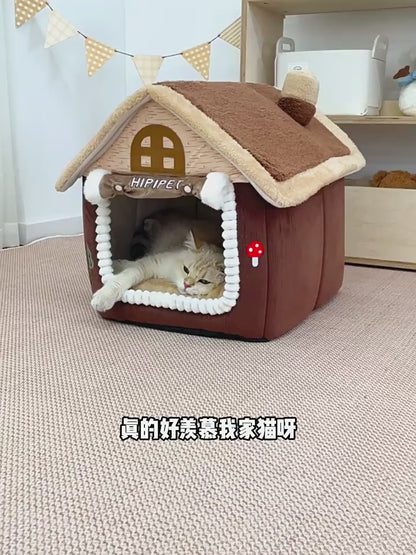 Winter Warm Cat House - Enclosed with Door Curtain, Cozy Pet House for Indoor Cats Small Dogs