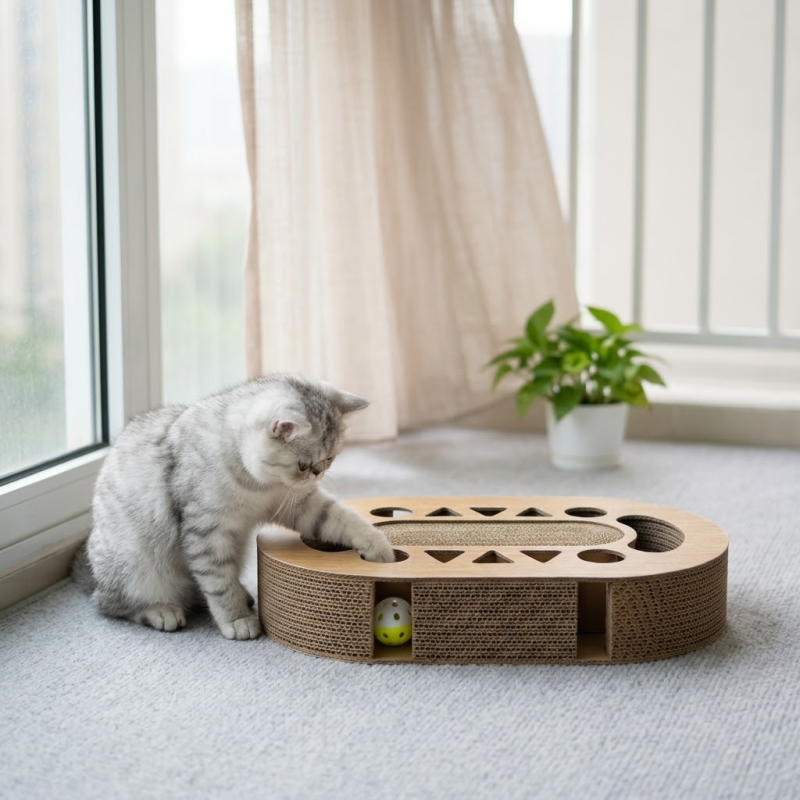 Miaow & Meow | Interactive Cat Scratcher Cardboard with Ball Track | 2-in-1 Oval Corrugated Cat Toy for Indoor Cats