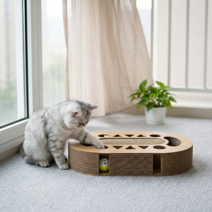 Miaow & Meow | Interactive Cat Scratcher Cardboard with Ball Track | 2-in-1 Oval Corrugated Cat Toy for Indoor Cats